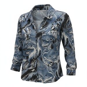 Emily Daniels XL Blue Black Abstract Button-Up Long Sleeve Polyester Blouse